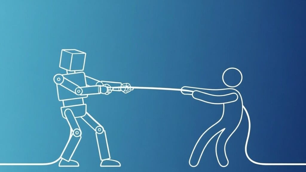 ai robot and human playing tug-of-war